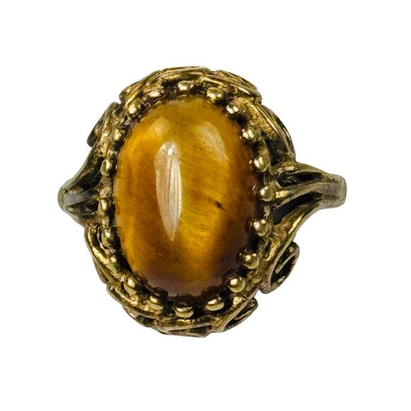 Vintage Oval Tigers Eye Quartz Yellow Gold Ring 8K Gold Size 6.75
